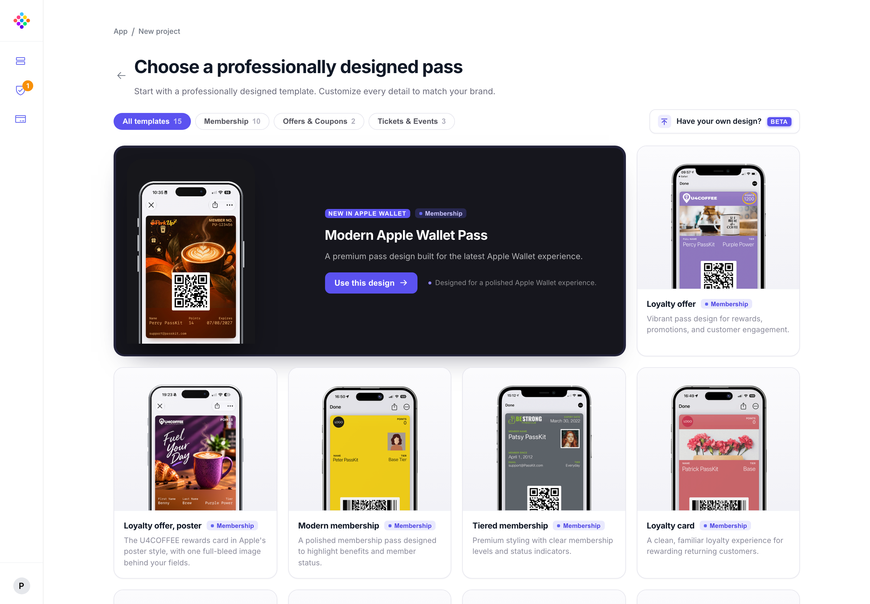 The PassKit Portal template gallery for starting a new project.