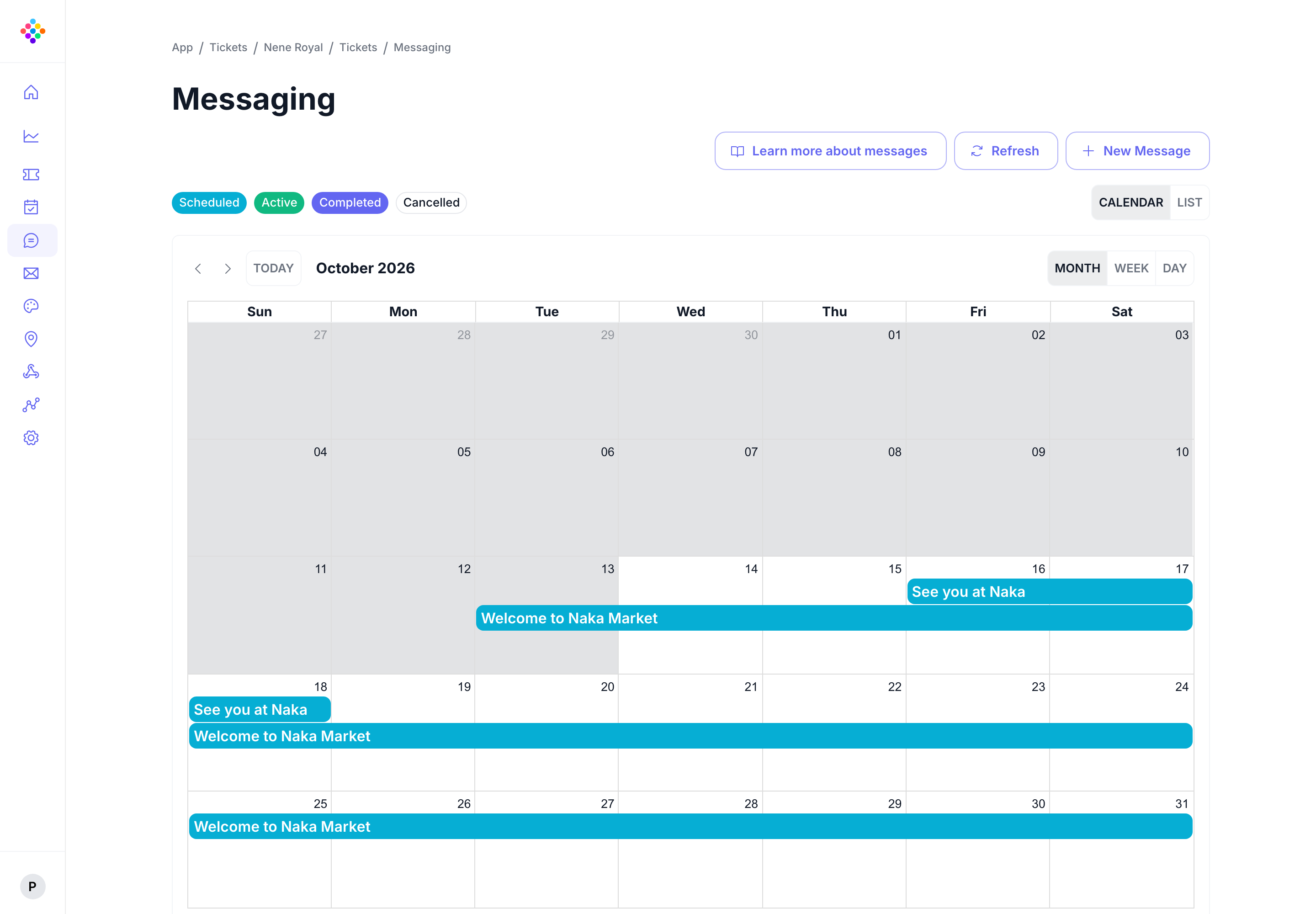 The Messaging calendar in the PassKit Portal showing a scheduled Nene Royal event reminder.