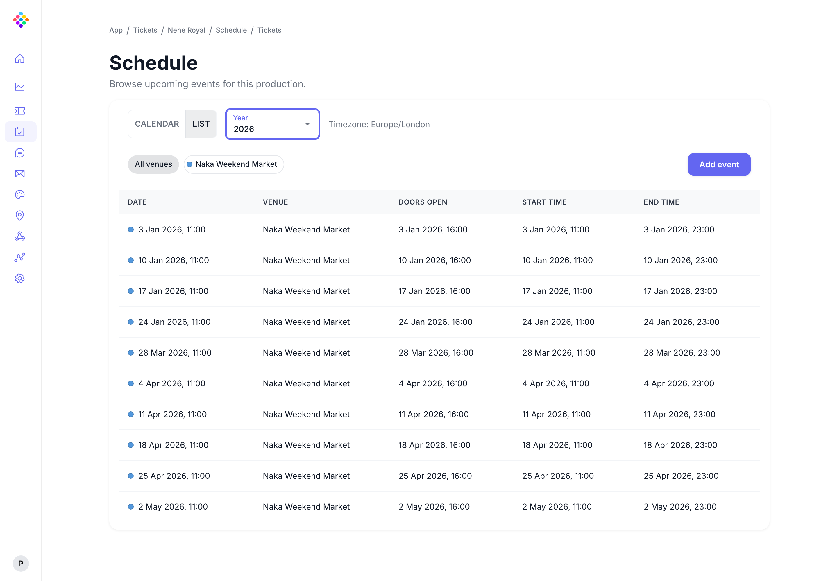 The Schedule list in the PassKit Portal showing Nene Royal events, venue, and timings in 2026.