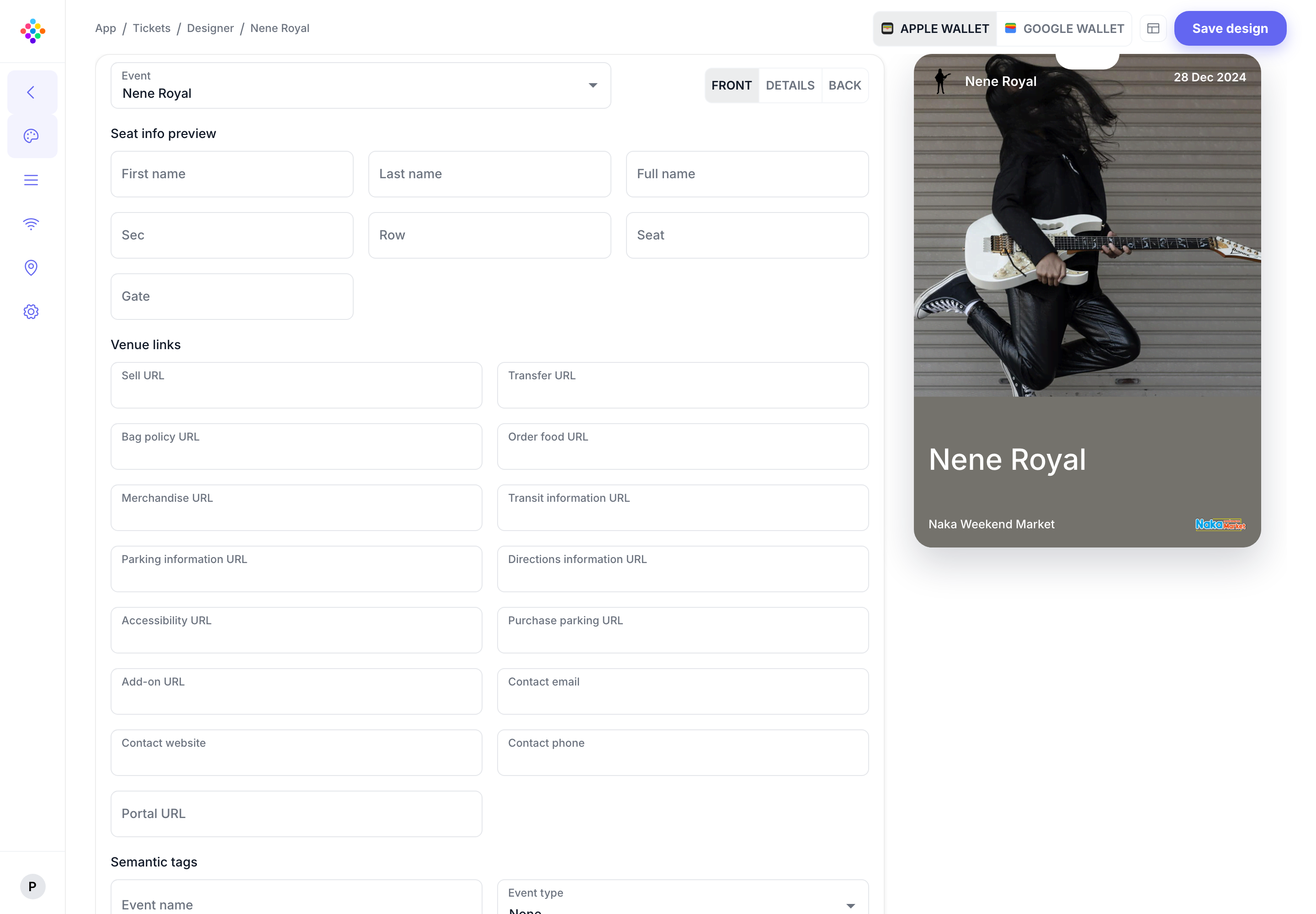 The Ticket Designer in the PassKit Portal showing the Nene Royal pass preview and configuration controls.