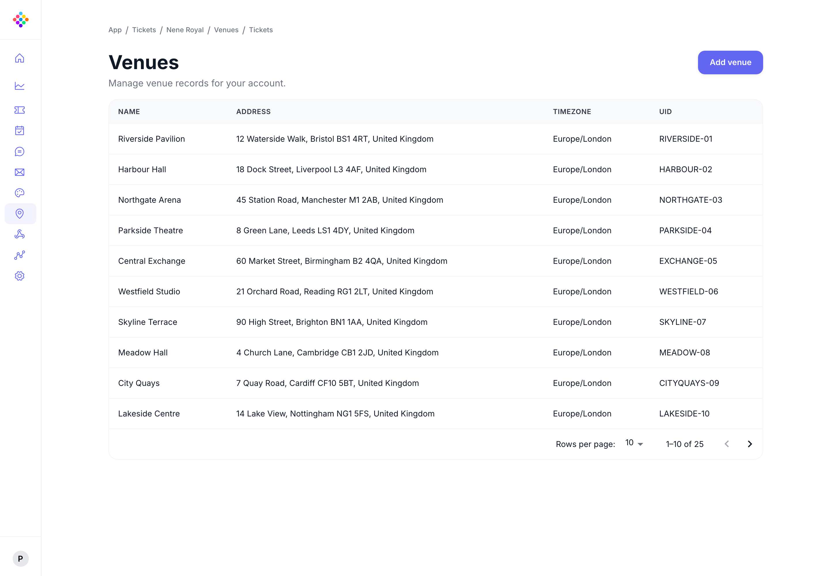 The Venues list in the PassKit Portal showing multiple venue records with names, addresses, timezones, and UIDs.