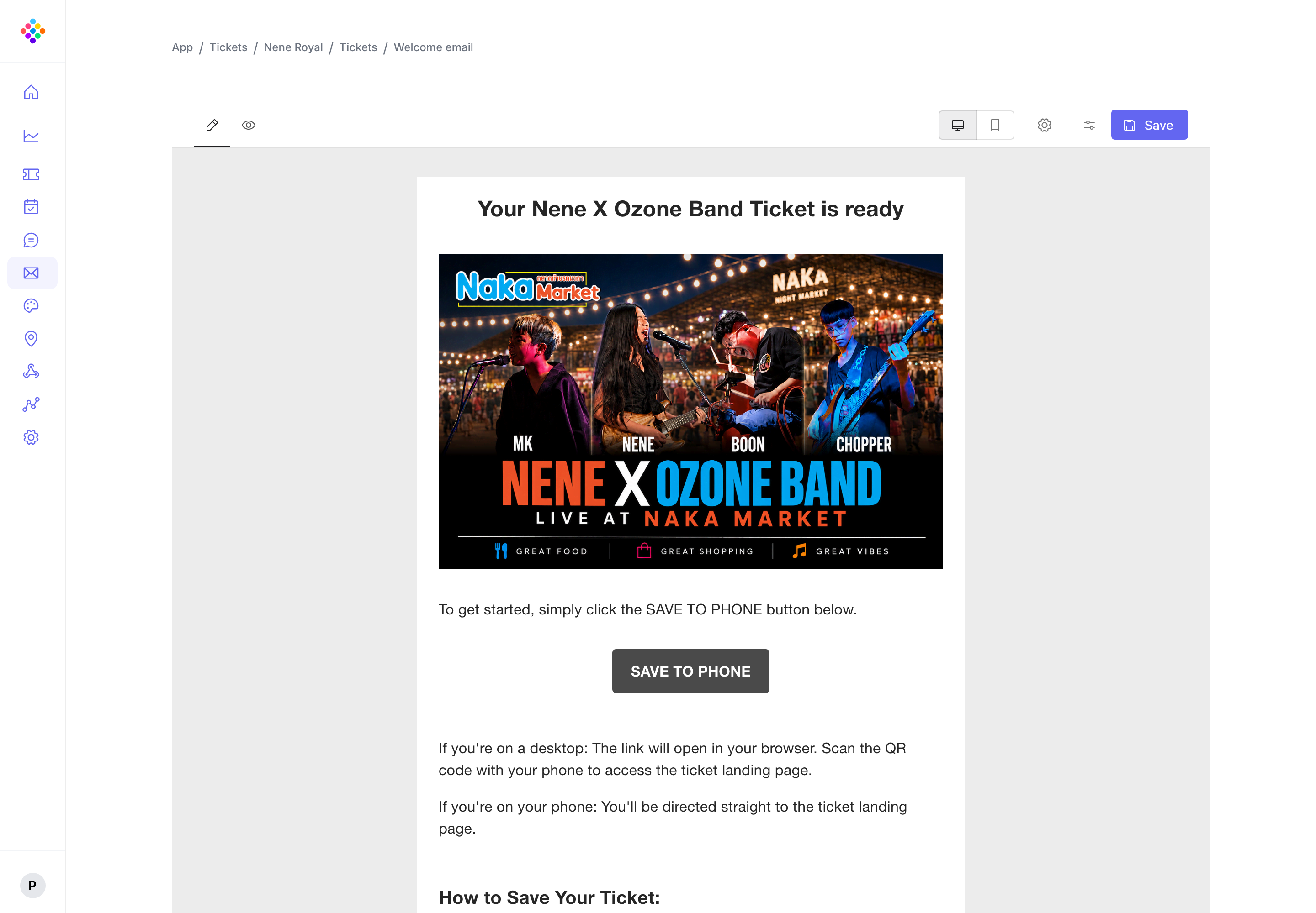 The Welcome Email editor in the PassKit Portal showing a Nene Royal ticket distribution email.