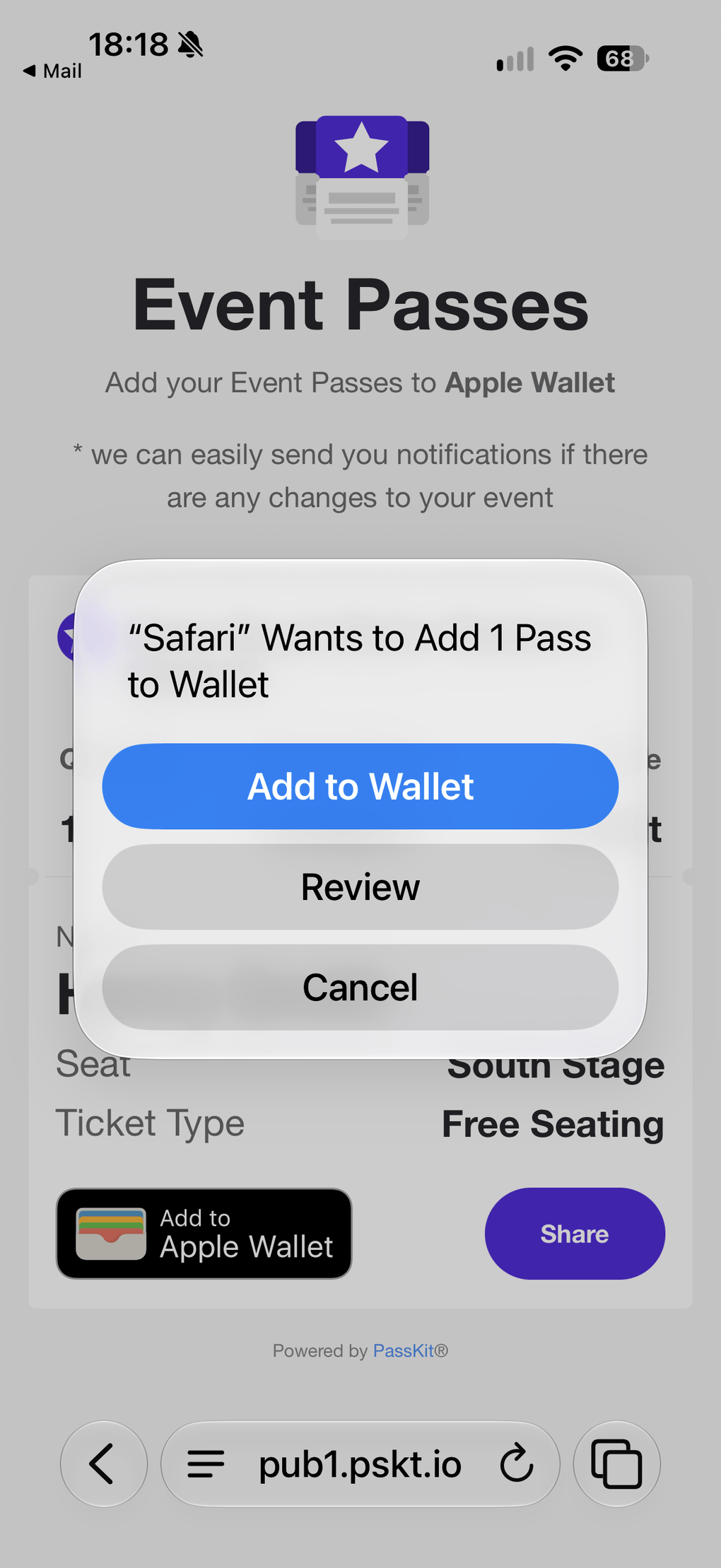 An iPhone confirmation prompting the holder to add an event pass to Apple Wallet.