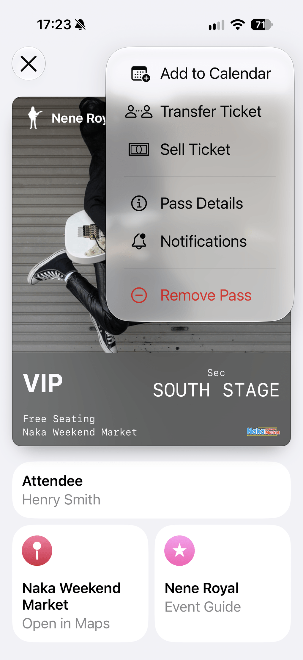 The Nene Royal ticket Apple Wallet menu showing calendar, transfer, sale, details, and notifications options.
