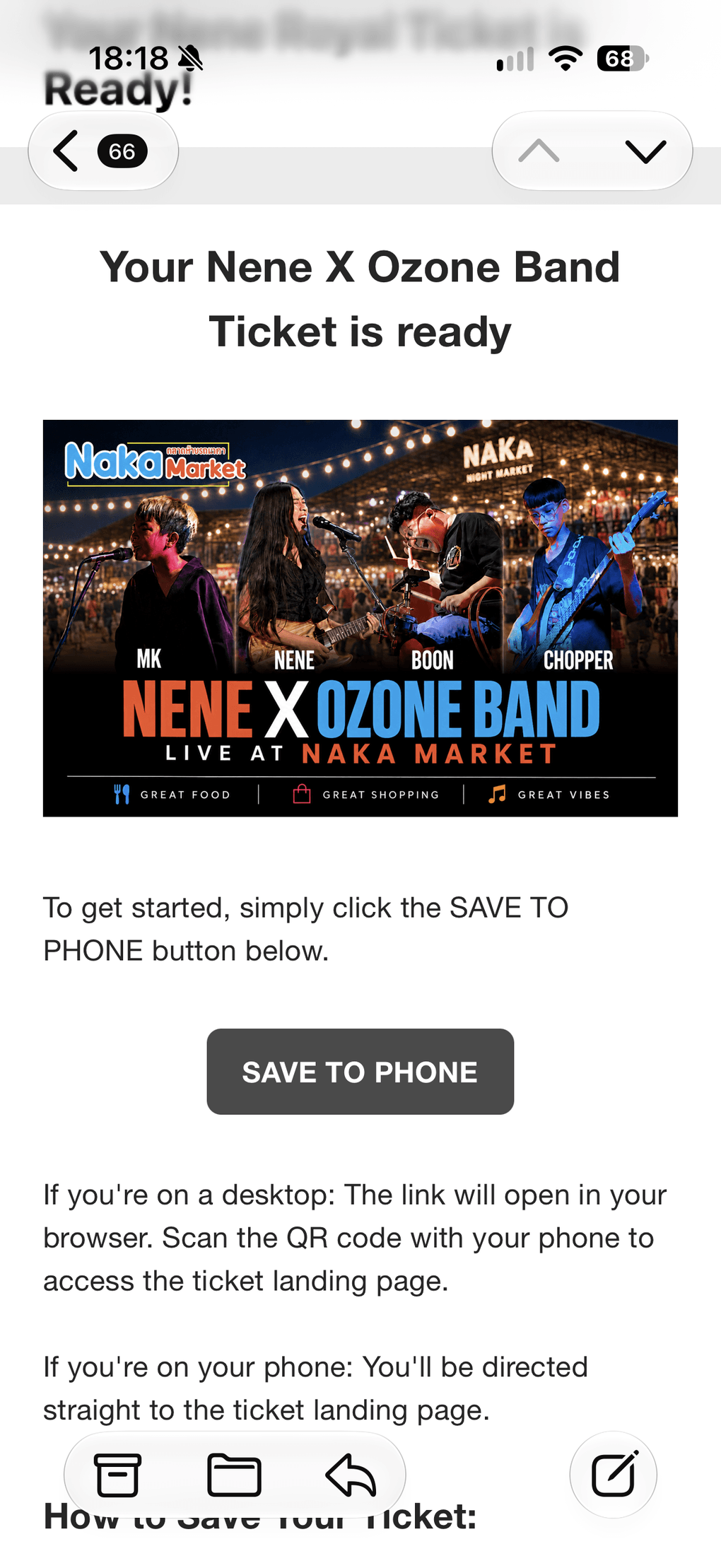 A Nene Royal ticket delivery email opened on an iPhone.