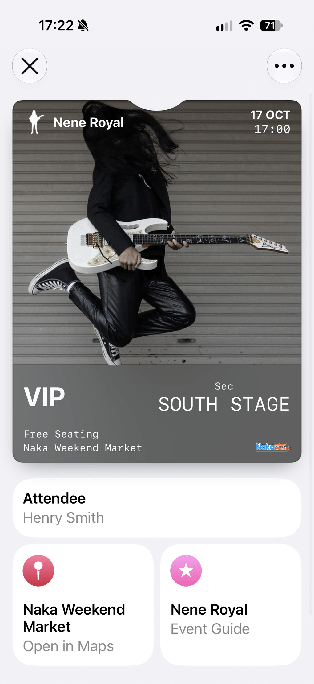 A Nene Royal event ticket in Apple Wallet with Event Guide and map action cards.