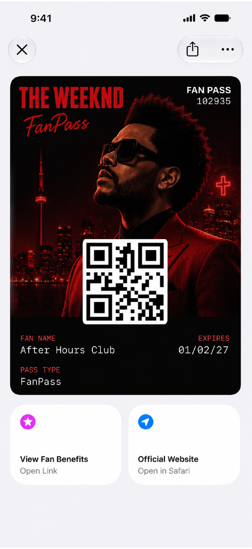 A fan pass for bands shown on an iPhone screen.