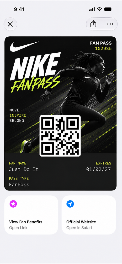 A fan pass for brands shown on an iPhone screen.