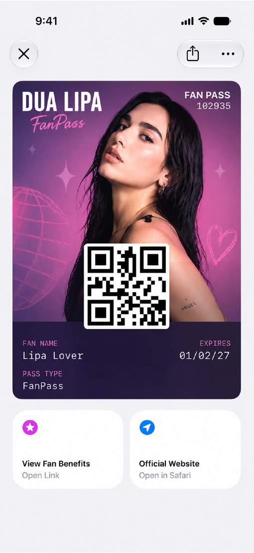 A fan pass for solo artists shown on an iPhone screen.