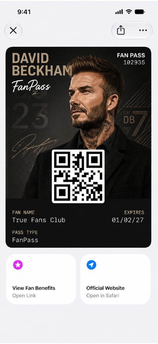 A fan pass for sports stars shown on an iPhone screen.