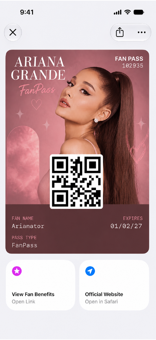 A fan pass for performers shown on an iPhone screen.