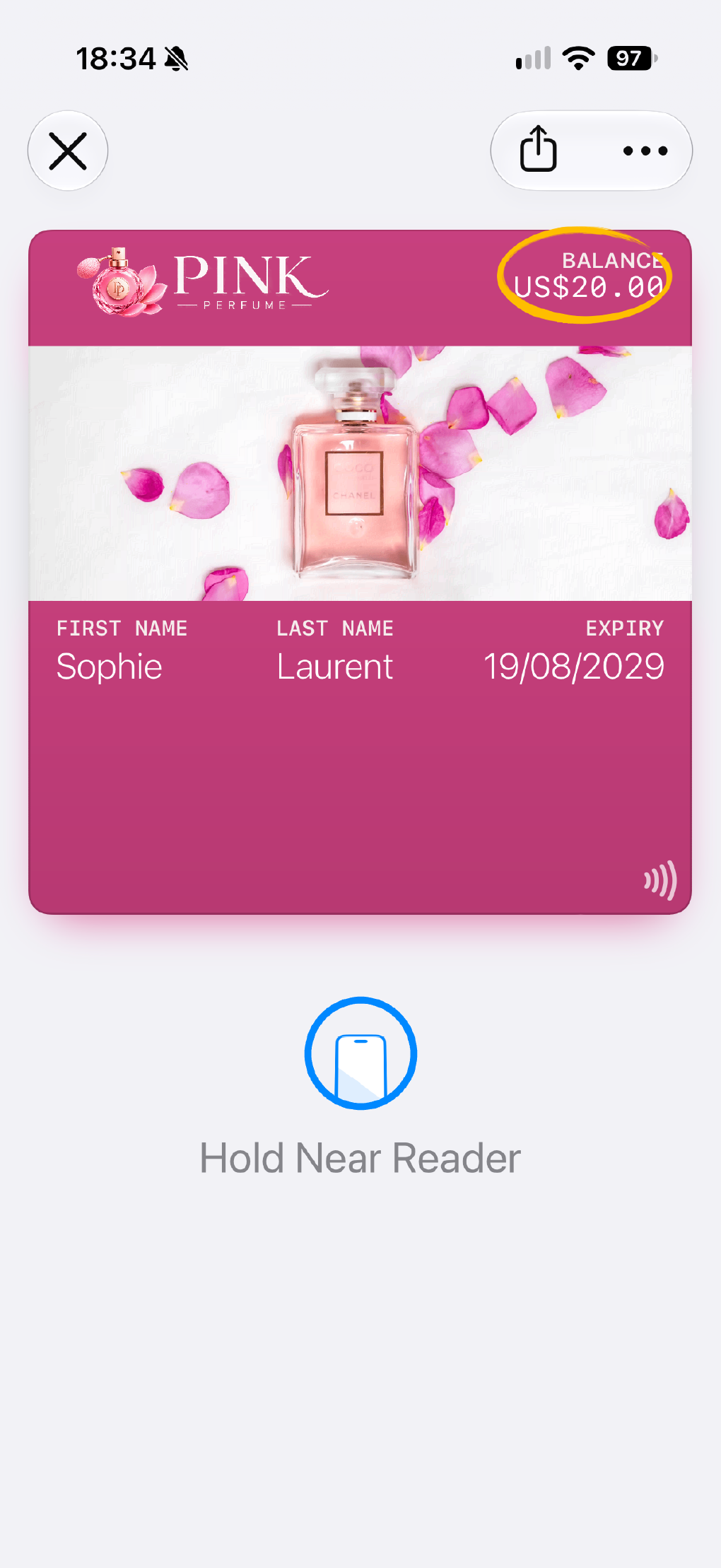 A digital gift card showing an updated balance on the pass.