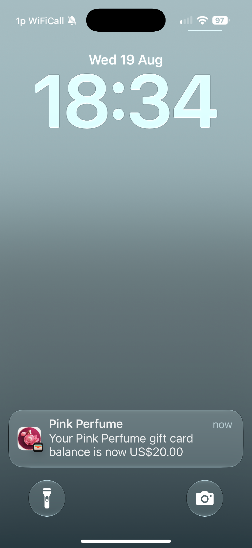 A lock-screen notification showing a gift card balance update.