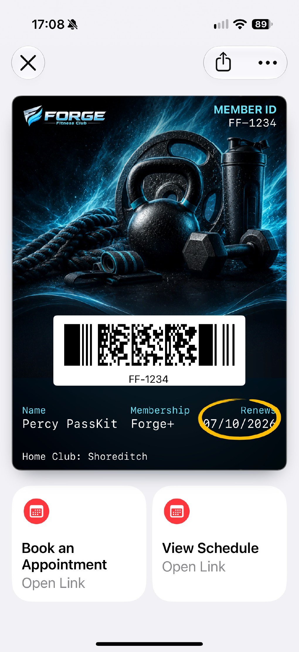 A Forge Fitness membership card with an updated renewal date highlighted.