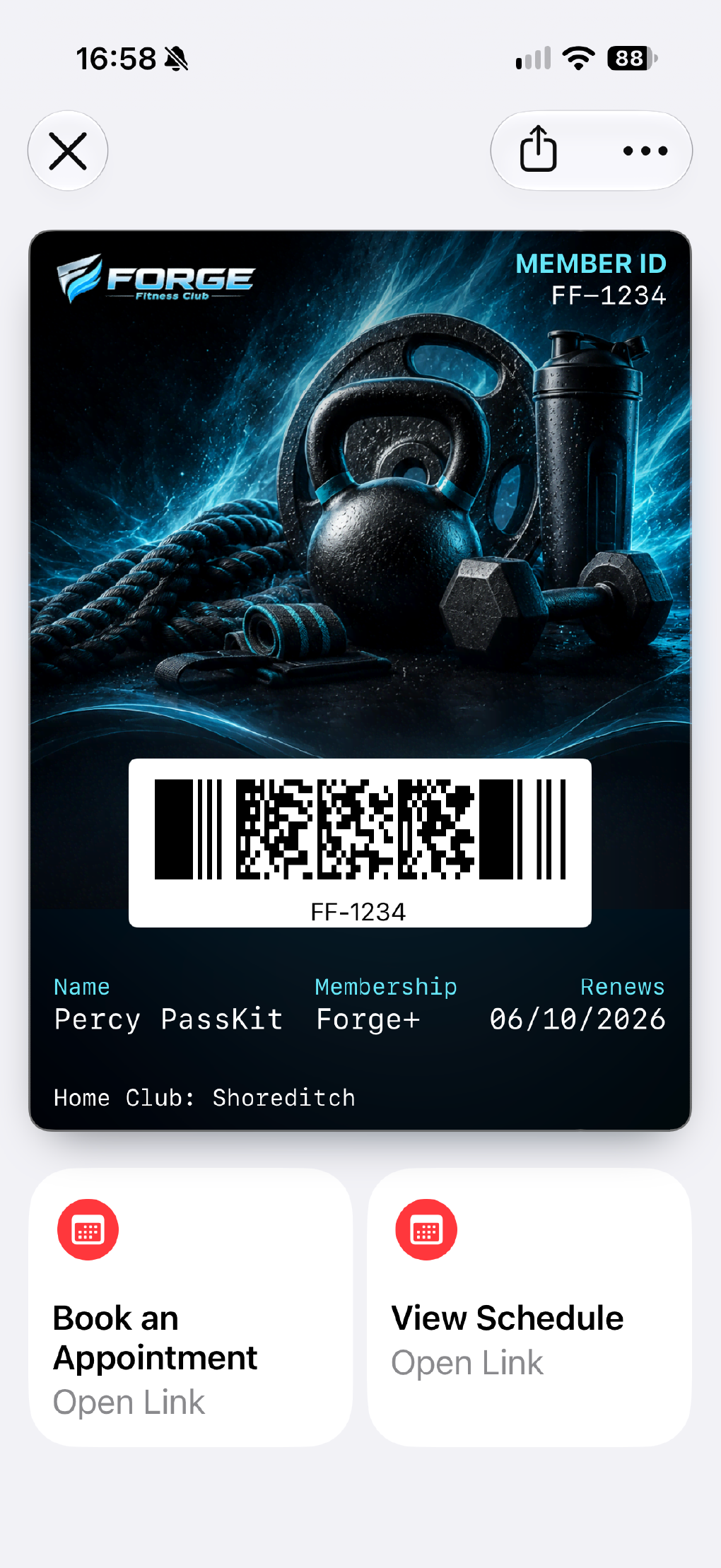 A Forge Fitness digital membership card with member status and actions.