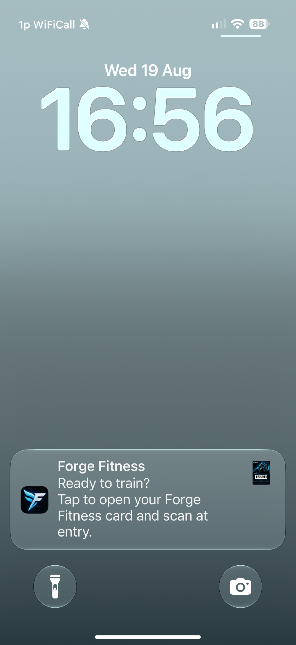 A Forge Fitness membership card notification ready to open at entry.