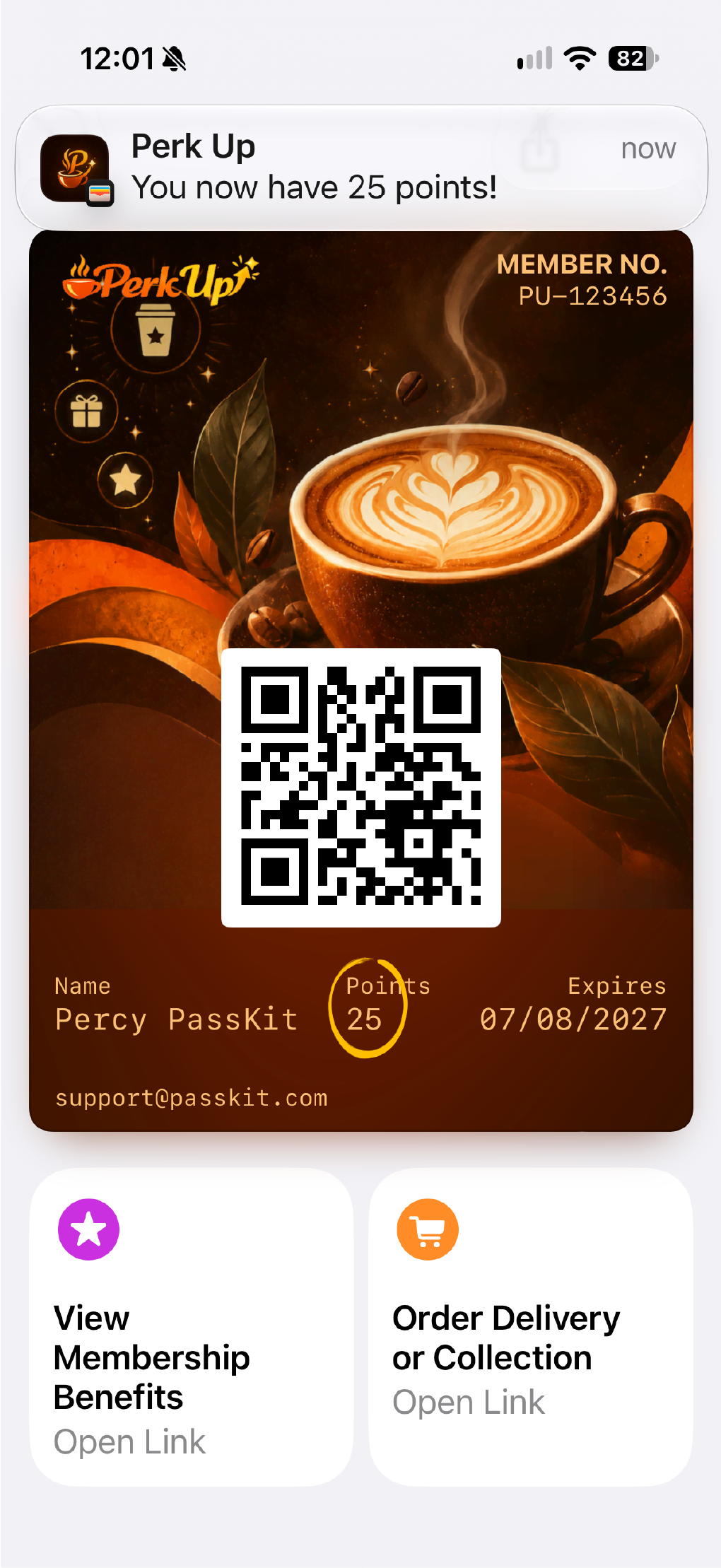 An example showing a mobile wallet pass with live updates.