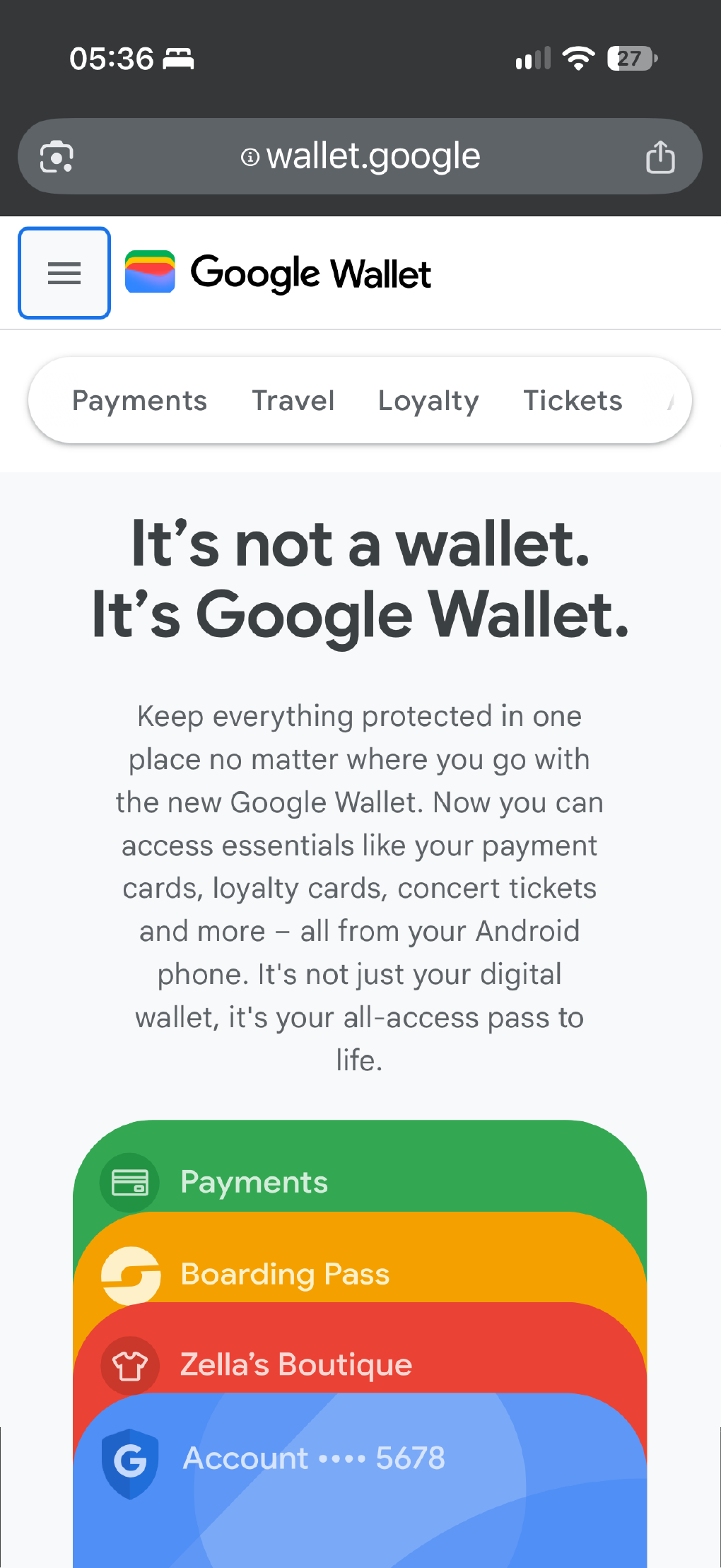 An example showing a pass in Google Wallet without requiring an app.